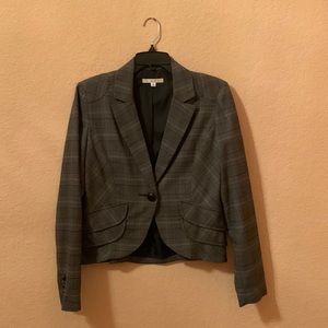 CAbi short one button jacket in black grey plaid with hint of red.